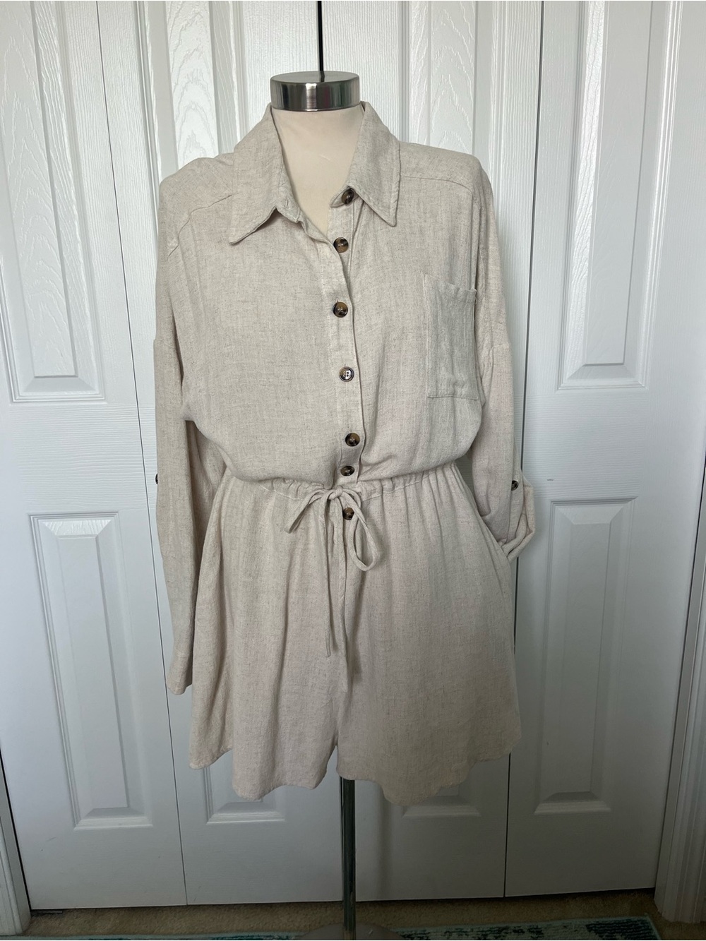 Peach Love California Neutral Beige Romper with Pink Logo Tag